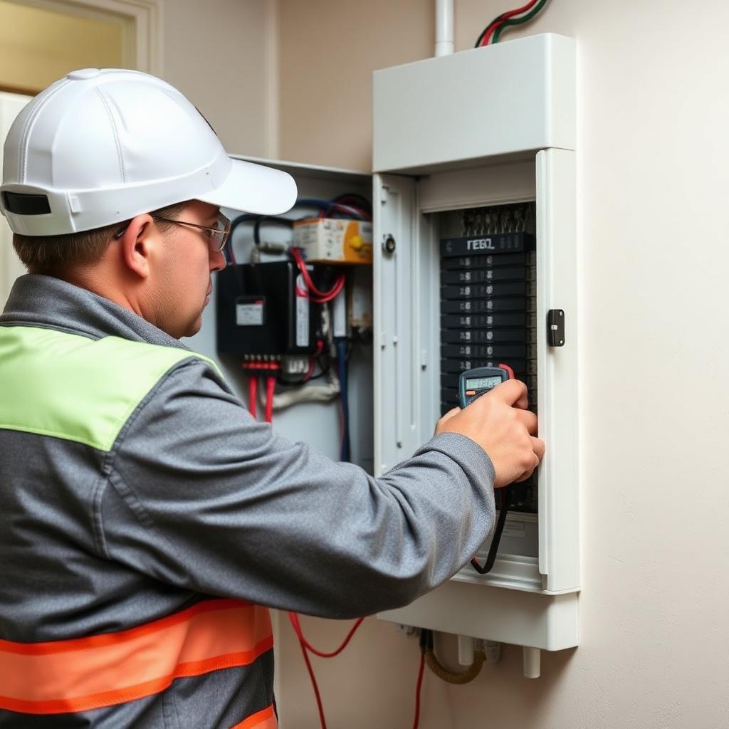 Electrician performing an EICR inspection on a consumer unit